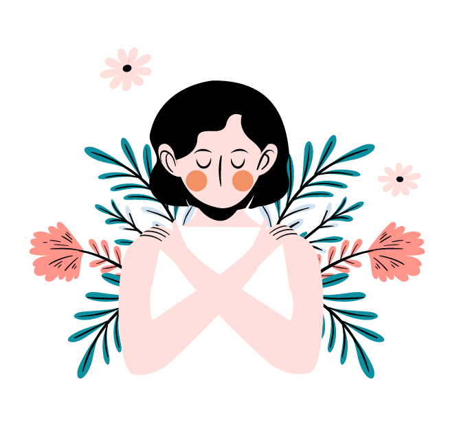 illustration femme bras croisés, apaisée, avec fleurs